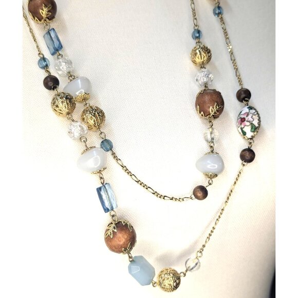 Vintage Chain Necklace Lucite, Filigree, & Cloisonne Mixed Beads - Picture 2 of 7